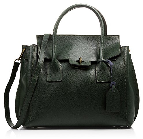 FIRENZE ARTEGIANI. Damen-Handtasche, echtes Leder, Pamelato, Tragegriffe und Reißverschluss, Design: Tote, Shopper für Damen, hergestellt in Italien, Vera Pelz, 40 x 30 x 15 cm, Grün