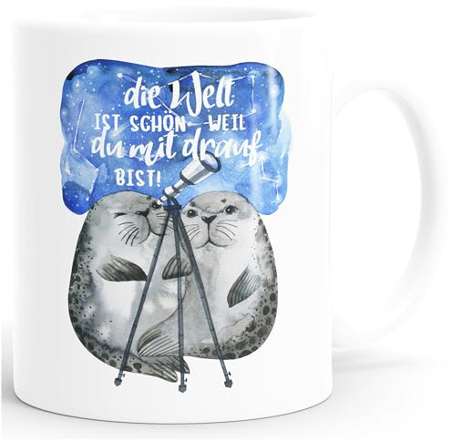MoonWorks Geschenk-Tasse Die Welt ist schön weil du mit drauf bist Liebe Spruch Seehunde Robben Sterne Weiss unisize