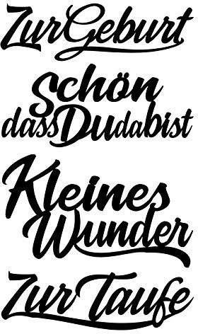 Ideen mit Herz Stanzschablonen, Schriften, Zur Geburt, 3cm bis 8,2cm, 4 Stück