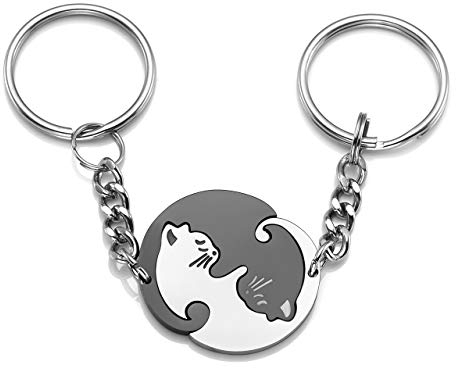 Jovivi Paire de porte-clés au design Yin Yang, avec pendentif d'amour au motif chat, pour les amoureux et les amies, taille unique, Acier inoxydable
