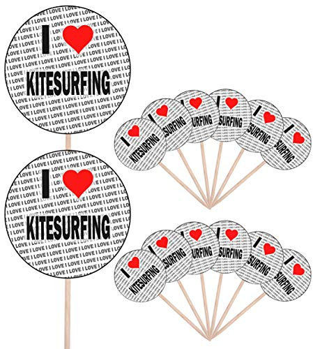 AK Giftshop I Love Kitesurfing - Party Food - Cake Cupcakes - Picks Sticks - Food Flags - Stand Up Decorations Toppers (14 Pack)