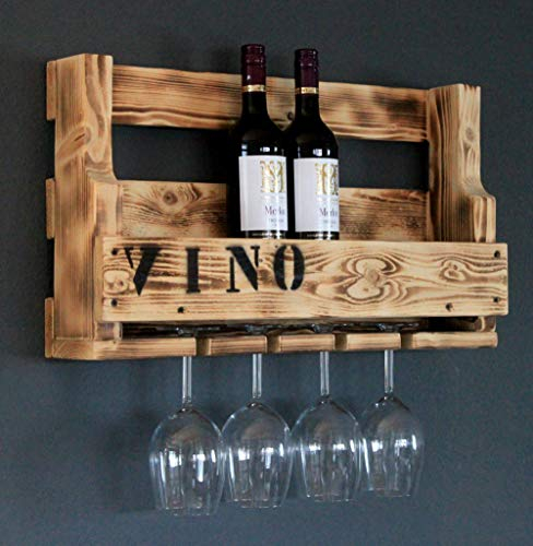 Portabottiglie in legno per la parete - con portabicchieri e scritta VINO - Fiammato - pronto per il montaggio - Ripiano per bottiglie e bicchieri da vino