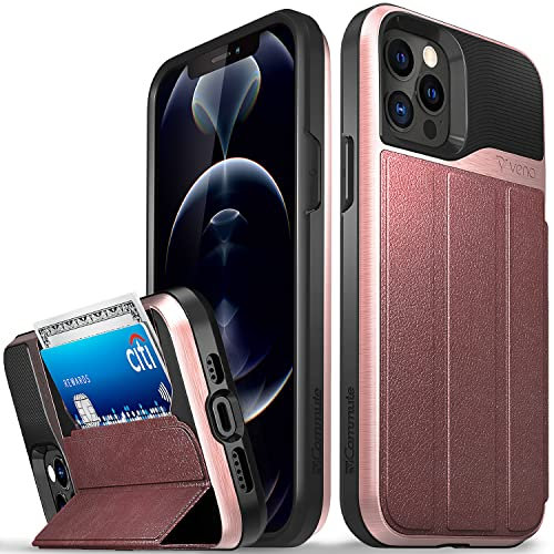 VENA vCommute Wallet Case Compatible with Apple iPhone 12 / iPhone 12 Pro (6.1-inch), (Military Grade Drop Protection) Flip Leather Cover Card Slot Holder with Kickstand - Rose Gold
