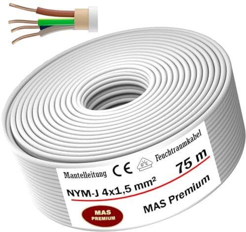 MAS-Premium Feuchtraumkabel Stromkabel von 5m bis 100m Mantelleitung NYM-J 4x1,5 mm² Elektrokabel Ring für feste Verlegung (75m)