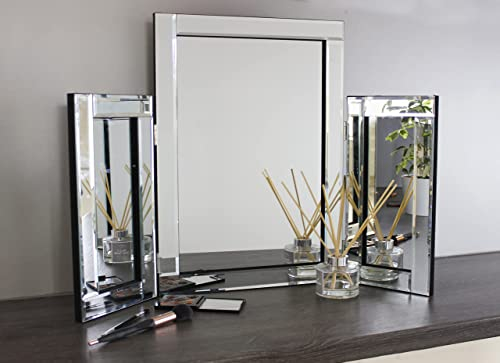 Marco Paul Interiors Modern Tri-Fold Glass Mirror - Stylish Folding Dressing Table for Home, Bedroom, Bevelled, Vanity Mirror Perfect for Precision Hair Styling and Makeup Application
