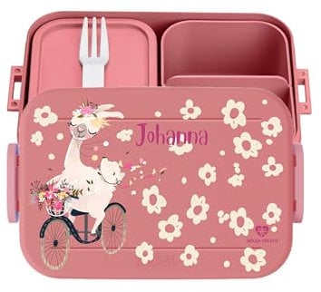 wolga-kreativ personalisierte Mepal Brotdose Knder mit Fächern mit Lama Fahrrad Motiv, Jausenbox Mädchen Kindergarten, Lunchbox Schule Geschenk Einschulung