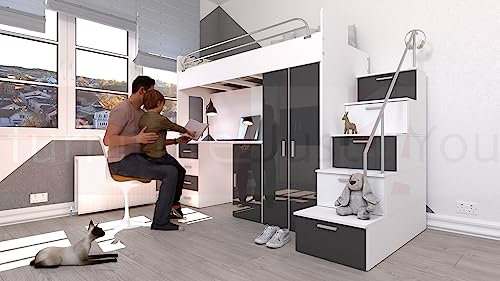Furniture Just4U Limited Modern Cabin High Sleeper Bed Bunk Bed Loft Bed Storage Mid Sleeper High Bed Wardrobe Desk Stairs Set Foam Mattress Included EDEN 4S (Gray), Small Single