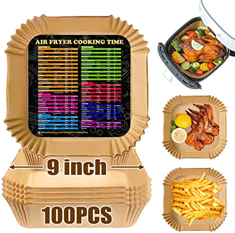 Air Fryer Disposable Paper Liners Square, 9 Inch Air Fryer Liner, Non-stick Parchment Paper Pads Oil Resistant, Waterproof, Food Grade Baking Paper for Roasting Microwave, 100PCS