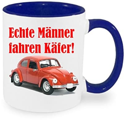 Echte Männer fahren Käfer Kaffeetasse mit Motiv, Tasse mit Druck, auch individuell mit Spruch, Foto, Wunschtext, Wunschname (Blau)