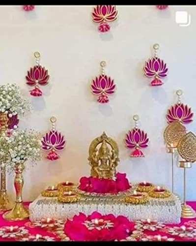 Divyakosh Handgefertigte Wanddekoration Lotus mit Jhumki-Stil zum Aufhängen für Heimdekoration, Diwali-Dekor, Hochzeit und alle Festival-Dekorationen (12 Stück), Lotusbehänge für Heimdekoration,