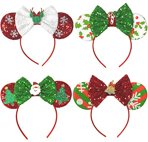 Tocwick 4 PACK Christmas Round Mouse Ears Headband Antler Stars Cute Sequin Hair Hoop for Christmas Party Supply Cosplay Costume Accessories Set