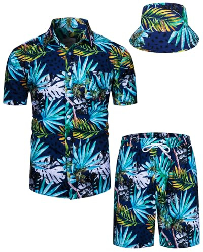 TUNEVUSE Conjunto de camisas y pantalones cortos hawaianos para hombre, 2 piezas, trajes de playa con estampado de flores, traje tropical de verano con sombreros de pescador