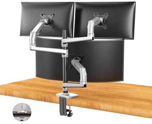 Ergounion Triple Monitor Stand, Holds Screens Up to 40 Inches and 25 Lbs, Fully Adjustable Desktop Stand for 3 Monitors with C-Clamp and Grommet Base, Aluminum, Silver