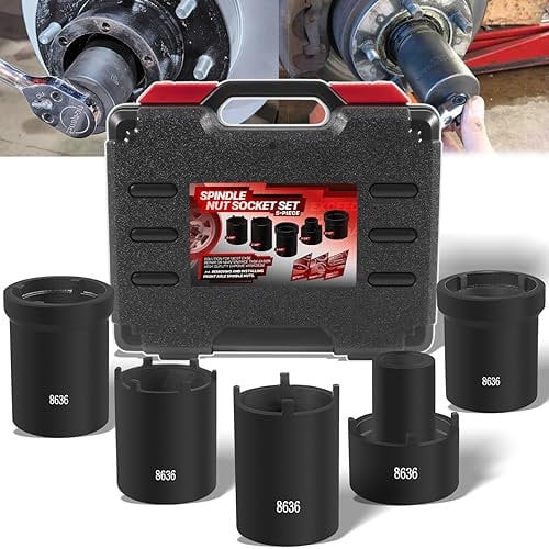 5 Pack Spindle Nut Socket Tool Kit, Axle Hub Lock Nut Socket Remover Installer 1/2” Drive for Ford Dana 50 60, w/Storage Case Replace# 648636, Lug Out Spindle Sockets Set