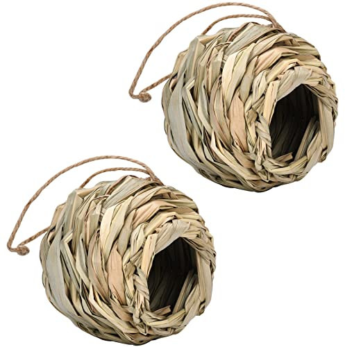 BYNYXI 2PCS Nid doiseau tissé en Paille Sac de Nidification Nid doiseau pour Cage nichoirs doiseaux à Suspendre Maisons doiseaux Herbe Nid doiseau pour Perruche mésange canari Merle Colibri