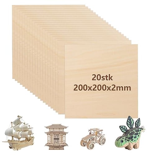 20 Unidades de Madera Contrachapada de Tilo, 200 x 200 x 2 mm, para Manualidades, Placas Rectangulares de Balsa