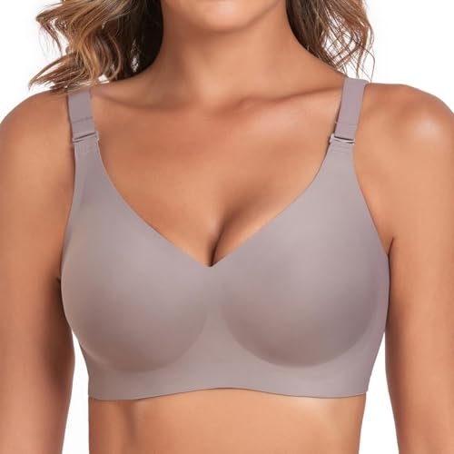 Vinfact Nahtloser BH Damen Ohne Bügel Push up Große Brüste Starker Halt V-Ausschnitt Bügelloser Seamless Bequem T Shirt Schlaf BH(GR,XXL)