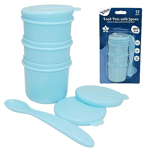 4Pcs Baby Food Storage Pots with Spoon, 110ml Microwave Safe Containers for 12+M Babies, Stackable Weaning Pots, Easy-to-Clean Feeding Set in Blue