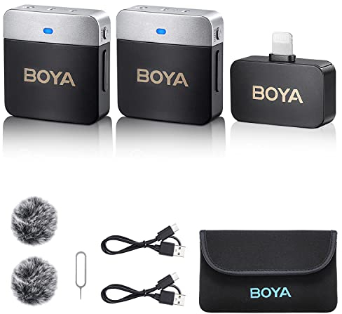 BOYA BY-M1V6 - Microfono lavalier wireless, doppio mini microfono per iPhone, Play&Play, con cancellazione del rumore e mono/stereo, per iPhone 14/13/iPad, YouTube, Vlog, interviste, podcast