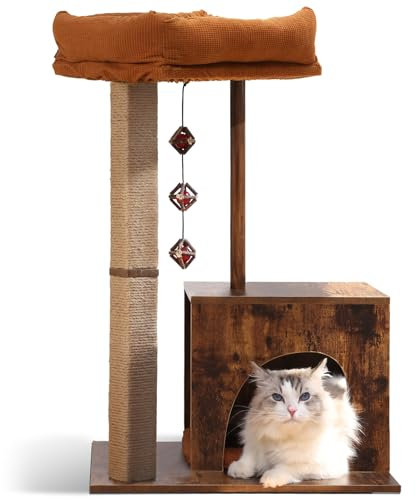 FUKUMARU Rascador de Gato, Árbol de Gato de Estilo Retro con Poste Cuadrado Único, Torre de Gato de Madera con Percha de Felpa Acolchada, Moderno Rascador de Gato para Gatos de Interior
