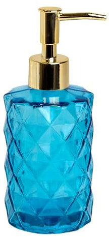 Intirilife Seifenspender aus Glas in Blau mit Karo Muster - 310ml Füllmenge - Spender für Seife Dosierer Handseifenspender für Küche Bad nachfüllbar mit Pumpe