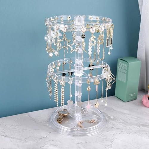 KITERI 2 Tier Rotating Jewelry Display Stand Earring Holder Stand Necklace Rack Holder Rotating Earring Holder Organizer Adjustable Jewelry Storage Rack with Storage Base for Earrings Bracelet, Clear