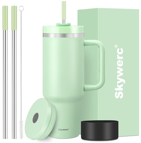 40 oz Tumbler with Handle and Straw, 2 in 1 Lid, Vacuum Insulated Stainless Steel Double Wall Water Bottle Travel Mug - Holiday Gifts for Women Men - Light Green
