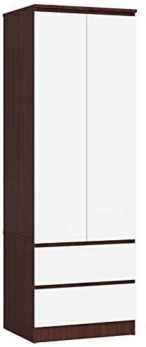 AKORD Kleiderschrank Star S | Zweitürig S 60 cm | 2 Schubladen mit Regalen und Einer Kleiderstange | für Kleiderschränke Schlafzimmer | Laminierte Platte 16 mm Farbe Wenge/Weiß