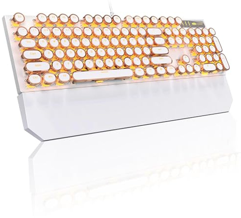 MageGee Typewriter Mechanical Gaming Keyboard, Retro Gold Punk Round Keycaps LED Backlit Wired Keyboards for Laptop MAC PC Gamer, with Magnetic Wrist Rest - Blue Switch