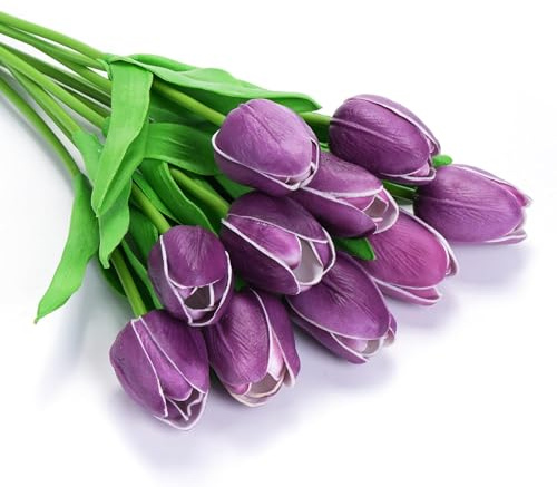 Beksodi 10 tulipani finti, fiori artificiali realistici al tatto, per decorazione della casa, matrimoni, feste, Pasqua, primavera, festival, decorazione (viola)