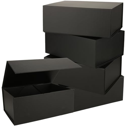 Oungy 5 Pack Magnetic Gift Boxes with Lids, Black Cardboard Gift Boxes for Presents, 25x18x10cm Empty Gift Box for Birthday, Wedding, Anniversary, Valentines