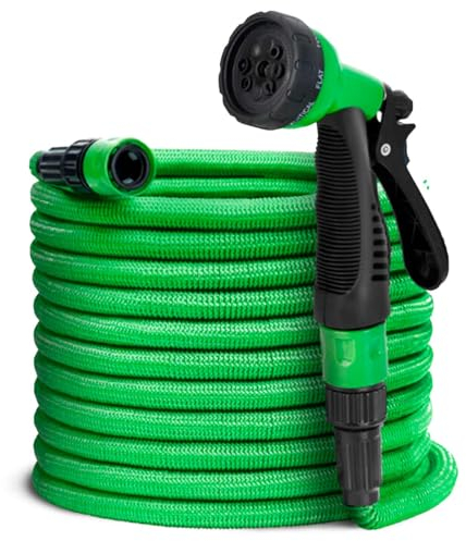 Tradineur - Manguera de riego con Espiral + Pistola de Riego - Longitud de 7,5 Metros - 6 Modos de Riego - Adaptador ABS para Grifo de 1/2-3/4