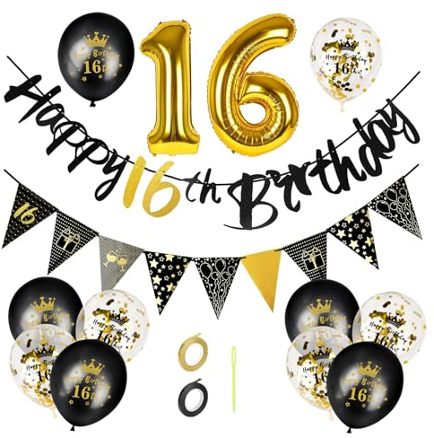 GoldRock Luftballons 16 Geburtstag Deko Schwarz Gold Set, Deko 16. Geburtstag Junge Mädchen, Geburtstagsdeko 16 mit Happy Birthday Girlande, Folienballon Zahl 16, Dekoration zum 16 Geburtstag