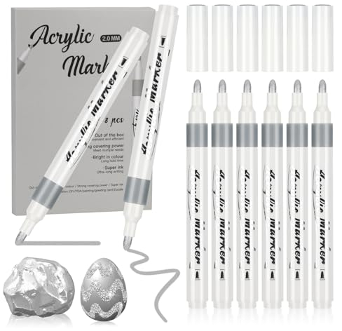 Dacono Silver Paint Pens - 8 PCS Acrylic Markers, Water-Based & Permanent, 2.0mm Tip, Ideal for Art & Crafts on Rocks, Glass, Wood, Ceramic Craft Supplies