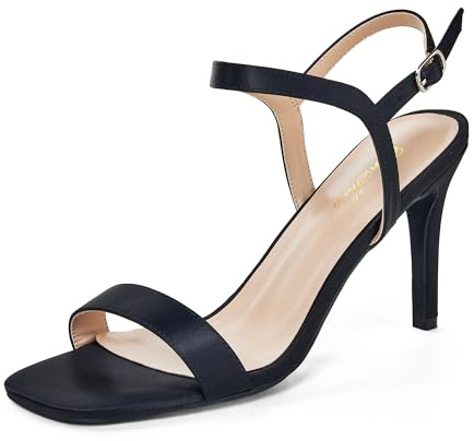 GENSHUO Sandaletten Damen mit Absatz, 8CM High Heel Peep Toe, Satin Sandalen Sommer Elegante Schuhe Party Prom Dress Slingback mit Knöchelriemen, Schwarzer Satin, 42 EU