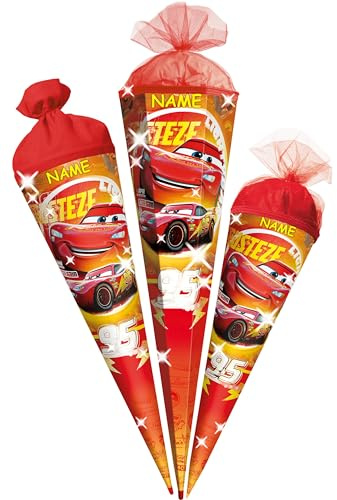 alles-meine.de GmbH Schultüte - Cars - Auto - Lightning McQueen - 35-85 cm - Größe wählbar - Holzspitze wählbar - inkl. Name - Zuckertüte - Tüll - oder Filzabschluß - eckig/r..