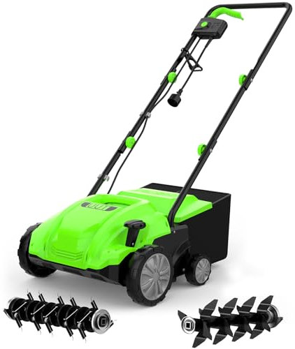 Electric Dethatcher Scarifier 13.5-Inch 12 Amp, SWIPESMITH 2-in-1 Lawn Dethatcher, 4-Position Depth Adjustment, Scarifier with Foldable Handle Two Safety Switches for Lawn Garden Yard, Green