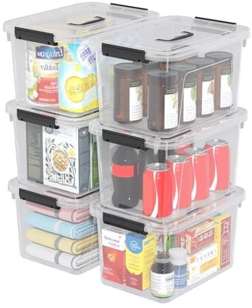 Vadidiya 12 L Plastic Storage Boxes with Lids and Handles, 6 Packs | Clear Storage Container, Stackable Latching Tote, Black