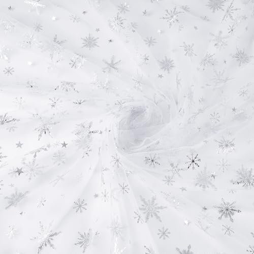 FINGERINSPIRE 3.7 m Schneeflocken Tüllstoff 150cm Breit Weiße Schneeflocke Silberfolie Organza Stoff Glitzernder Schneeflocken Netzstoff Weihnachtlicher Schneeflocken Durchsichtiger Stoff Für Party