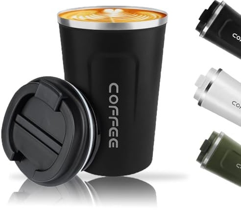 Basuit Stainless Steel Travel Mug, 380 ML, Black, Leakproof, Double Walled, Insulated, Reusable, Cylindrical Mug, 3.8E+2 ML, 14.5 cm x 5.7 inches