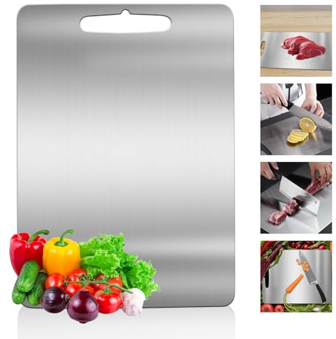 Tagliere in titanio per cucina, in acciaio inox, double-face, in metallo per uso alimentare, per carne, verdura, frutta, durevole (29 cm x 20 cm)