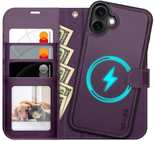 OCASE Kompatibel für iPhone 16 Hülle (2in1) Leder Stoßfestes Case, Abnehmbare magnetische, Mit Handschlaufe, Kabelloses Laden, Kartenfach, Standfunktion, Handyhülle RFID Schutzhülle Dunkel violett