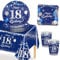MORAINJAY 53Pcs Birthday Tableware Set for 18,Navy Blue Silver Tableware Set for 18th Birthday Party with Plates,Napkins,Tablecloth,Dinnerware Set for 18,Party Supplies Table Decor for Him,Men,Adults