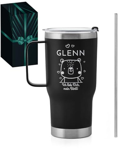 Maverton Personalisierter Thermobecher 600 ml - Edelstahl Kaffeebecher to go mit Griff und Strohhalm - Geschenke für Männer - Geschenk Valentinstag für Ehemann - Schwarz