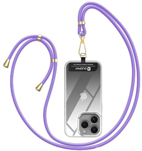 OLEPHY Cordon Téléphone Portable, Tour de Cou Téléphone Universelle avec 2 Très Mince Patchs, Collier de Longe Compatible avec la Plupart des Coques pour Smartphone, Violet