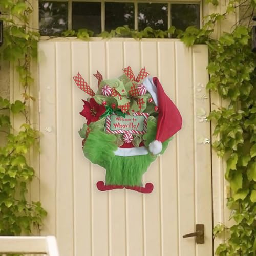 Weihnachtsdieb-Kranz für Haustür – Grinch Weihnachtsdekorationen Grinch Kranz Hängendes Willkommensschild Heimdekoration Indoor Outdoor (Grün)