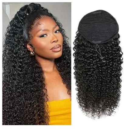 Lizhuzhuzs28 Coleta Kinky Curly Drawstring Ponytail Clip In Hair Extensions 10-26 Inch Brazilian Virgin Hair Deep Curly Ponytail Extensions, 1B# Natural Black Cola de Caballo(26inches)