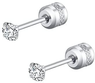 Bier Ohrringe Damenpackung -Ohrringe mit Schraubverschluss für empfindliche Ohren -Stahl-Ohrringe mit dünnem Zylinder und einfachen Diamanten Schwarze Turmalin Ohrringe (Silver, 4)