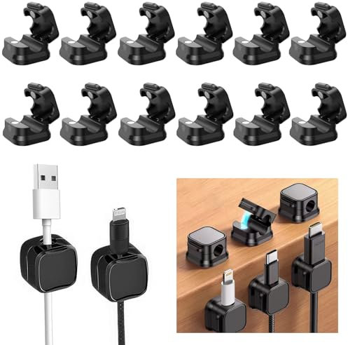 Lot de 12 supports de câbles magnétiques - Organisateur de câbles - Clips autocollants - Gestion des câbles - Support mural pour bureau, table de chevet, câbles de charge, HDMI, USB, câbles audio