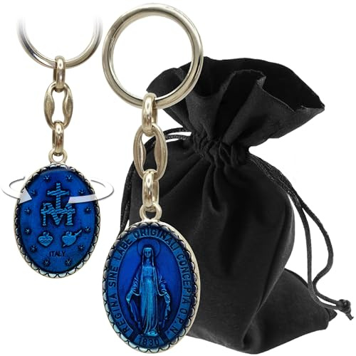 Lunexus Heilige Maria Schlüsselanhänger Metall - Silber/Blau, 9 cm | Jungfrau Maria mit Inschrift „O Maria, ohne Sünde empfangen“ - M-Kreuz mit Herz Jesu, beidseitig geprägt